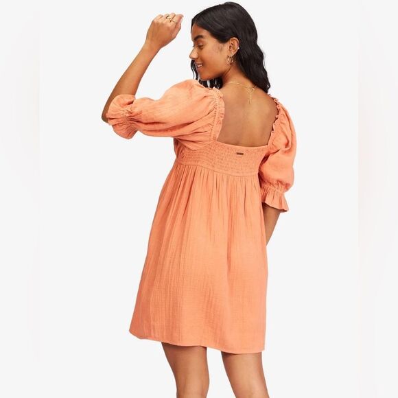 NEW Billabong Perfect Paradise Dress Chic Coral Mini Dress with Puff Sleeves S - Picture 12 of 13